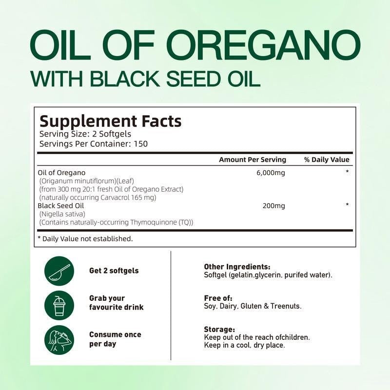 Organic Oregano Oil Capsules with Black Seed Oil Supplement Facts Label
