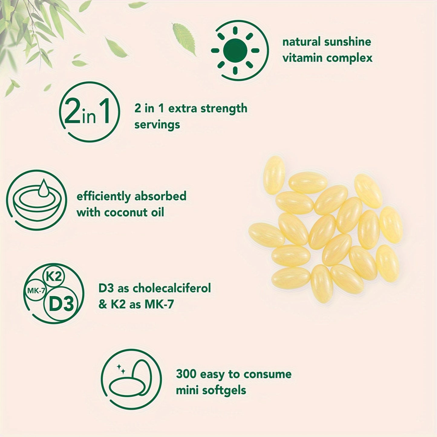 300-count Vitamin D3 5000 IU + K2 MK-7 softgels with coconut oil