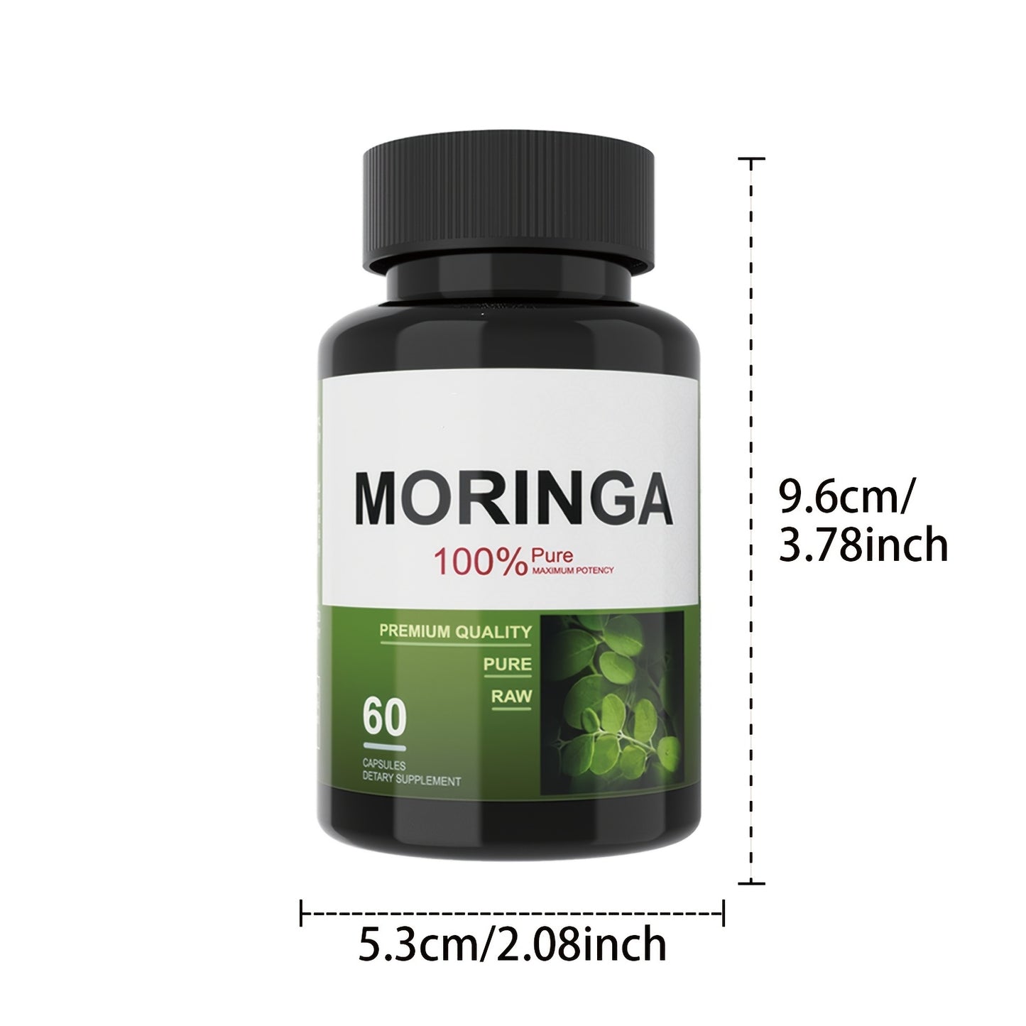 Bottle of Organic Moringa Capsules with dimensions – Front View