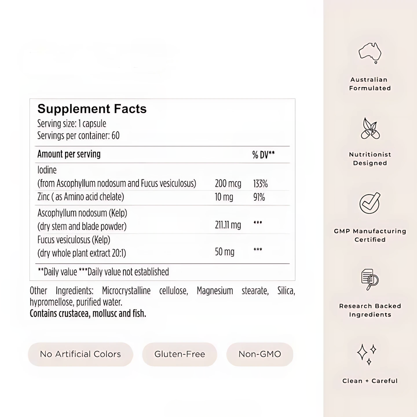 Hair + Energy support capsules with zinc and iodine Supplement Facts Label