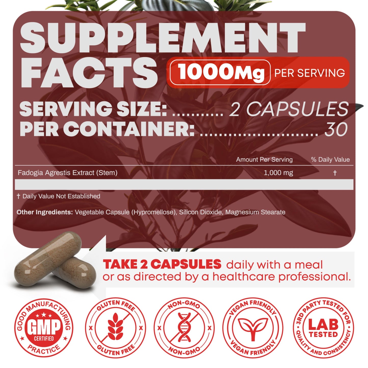 Fadogia Agrestis 1,000 mg Bottle Supplements Facts Label