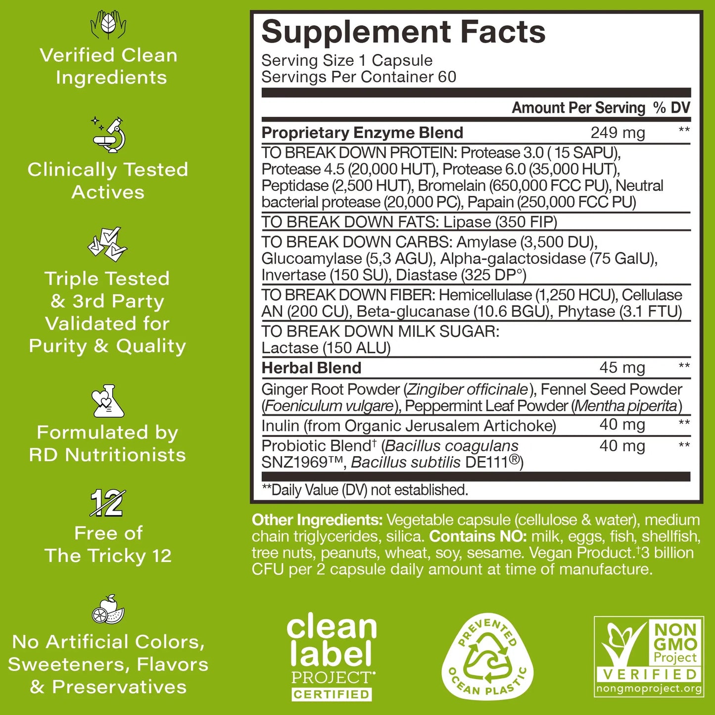 Flatter Me Plus digestive enzyme Supplements Facts Label