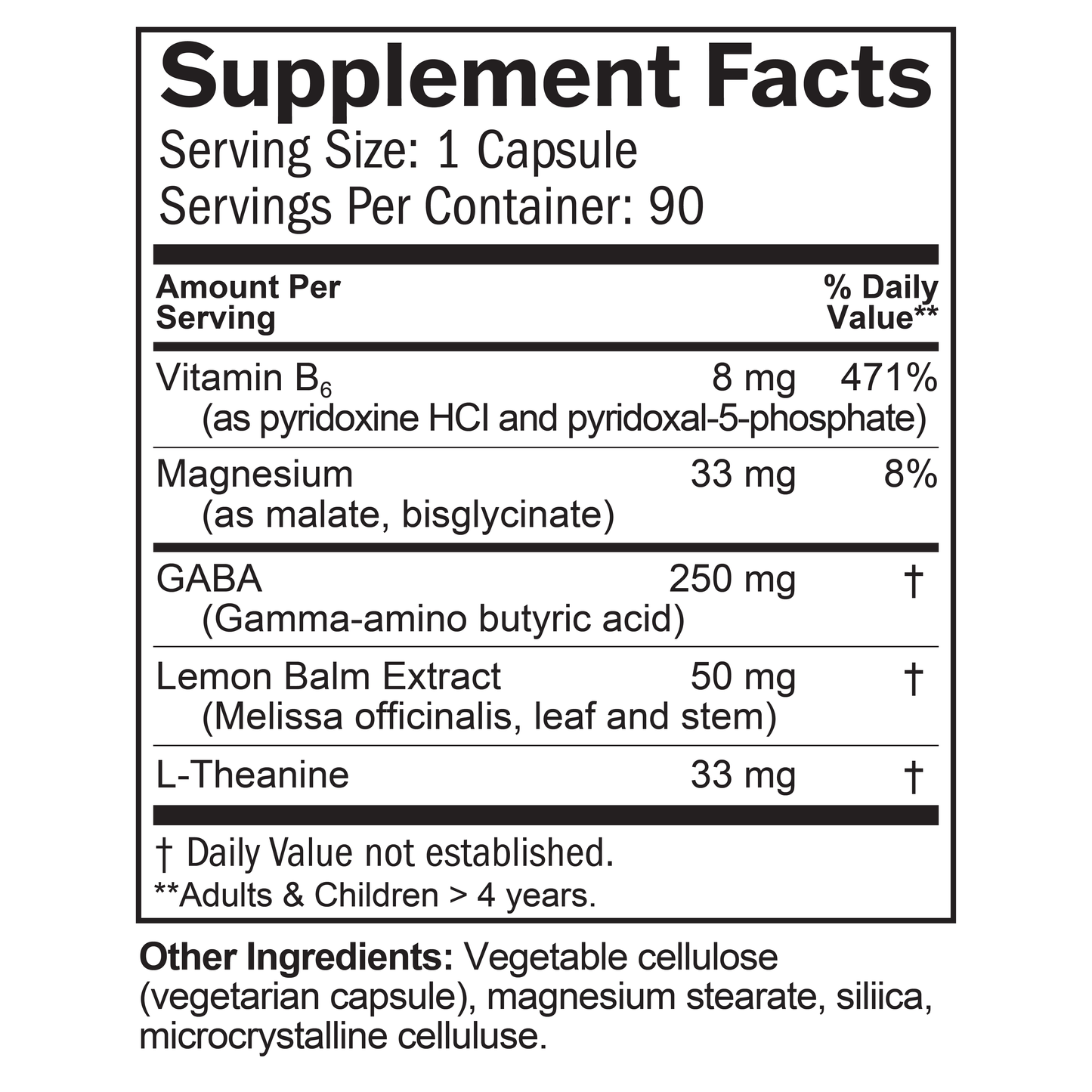 Natural GABA Calming Support Supplement Facts Label
