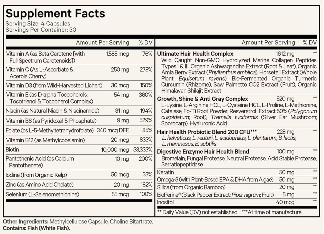 Hair Vitamins Supplement Facts Label