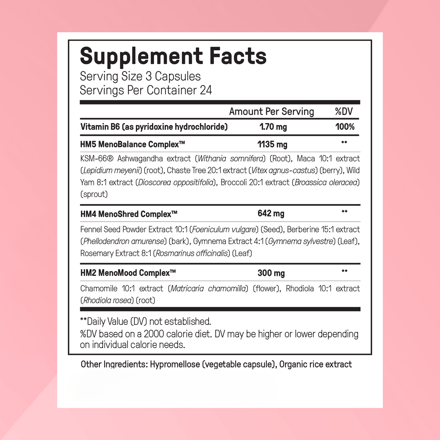 Hormone Balance Pro+ Supplement facts Label – maca, vitex, rhodiola formula
