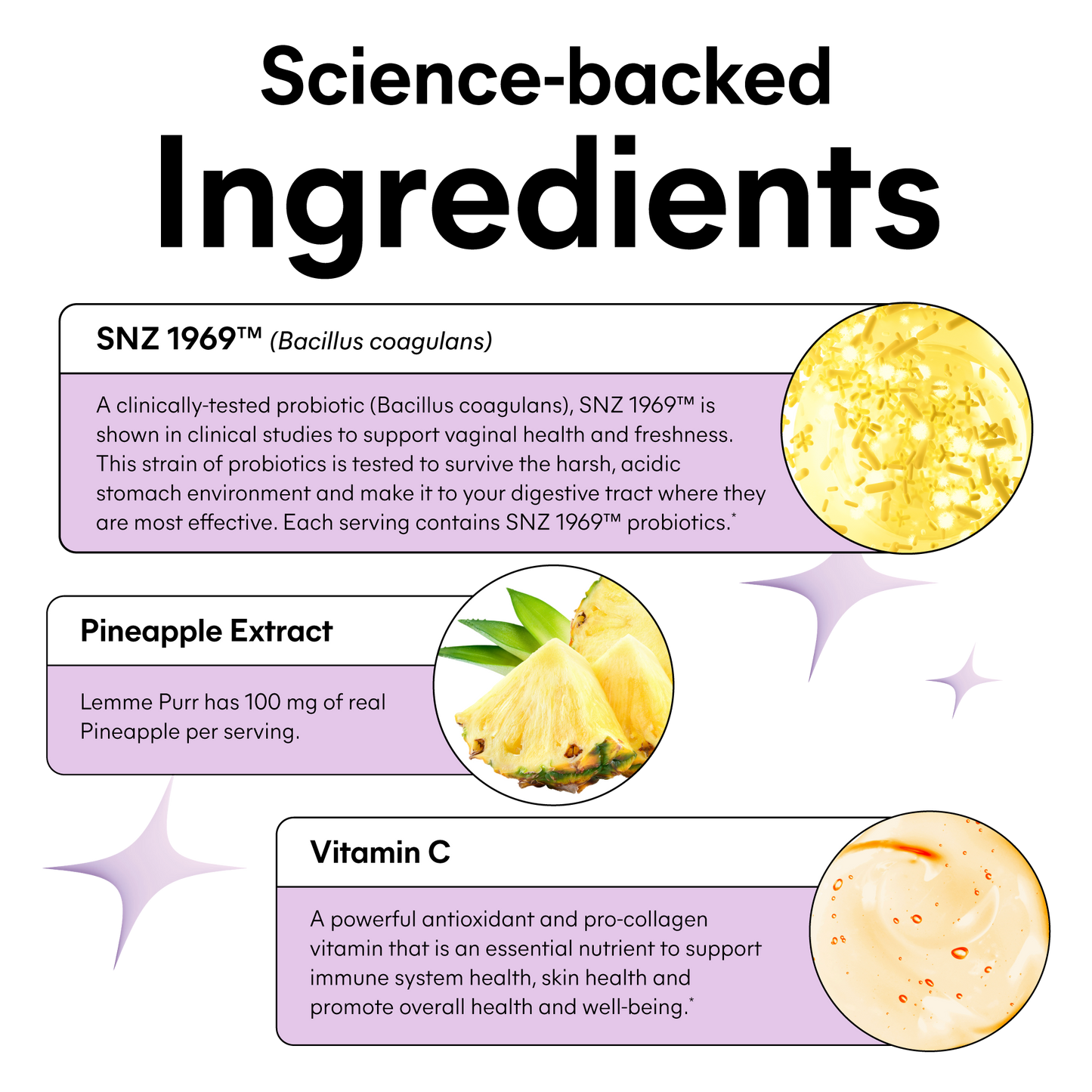 Product ingredients list with SNZ 1969, pineapple extract, and vitamin C on a white background.