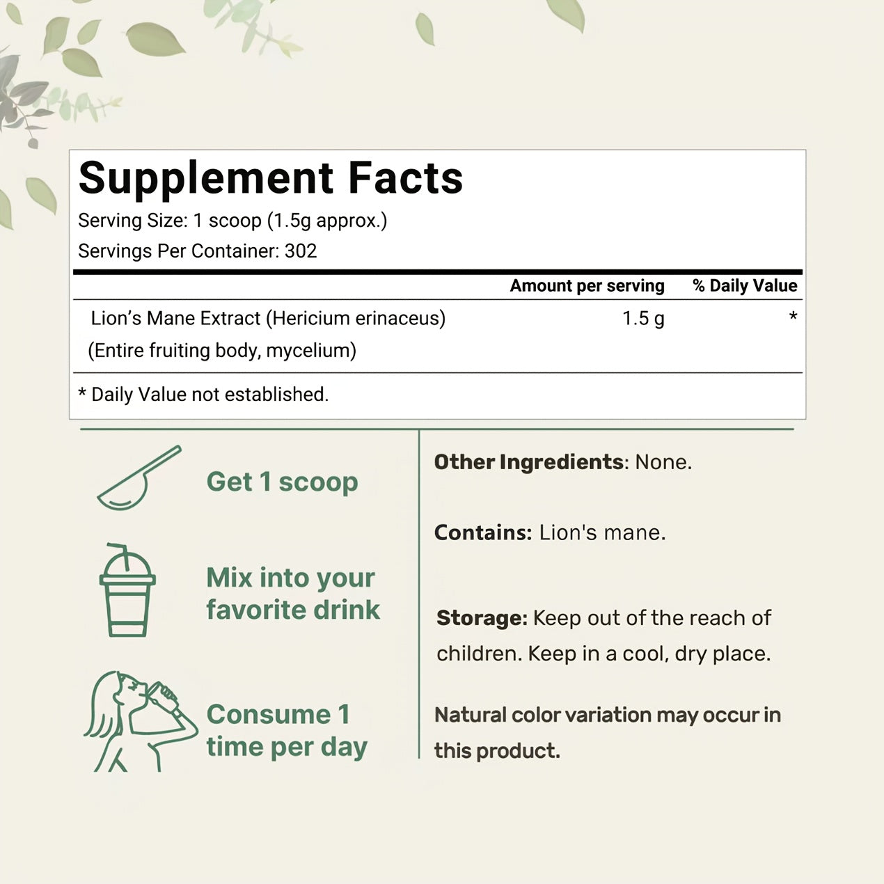 Organic Lion's Mane Powder Supplement Facts Label