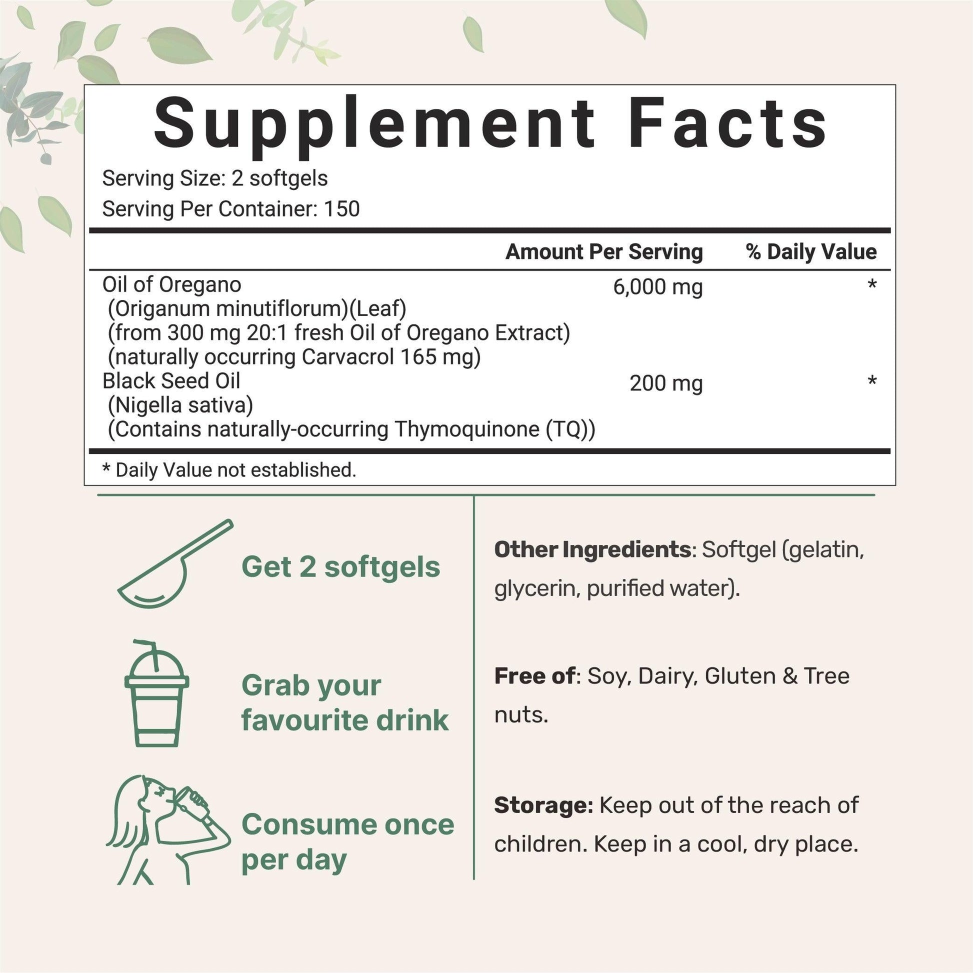 Black Seed Oil Supplement Facts Label 300 count
