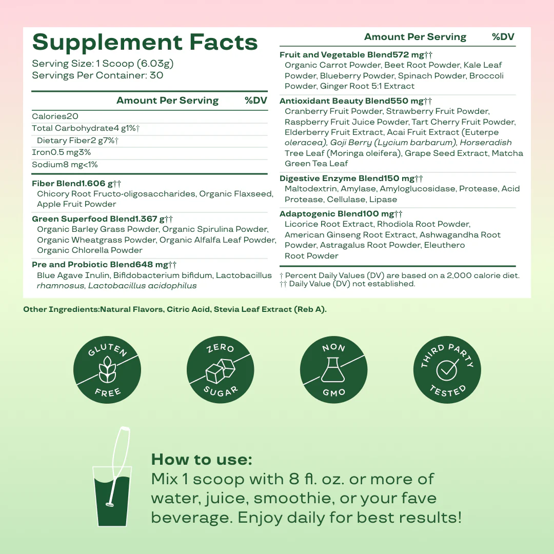 Nutrition Greens & Superfoods Powder Supplement Facts Label