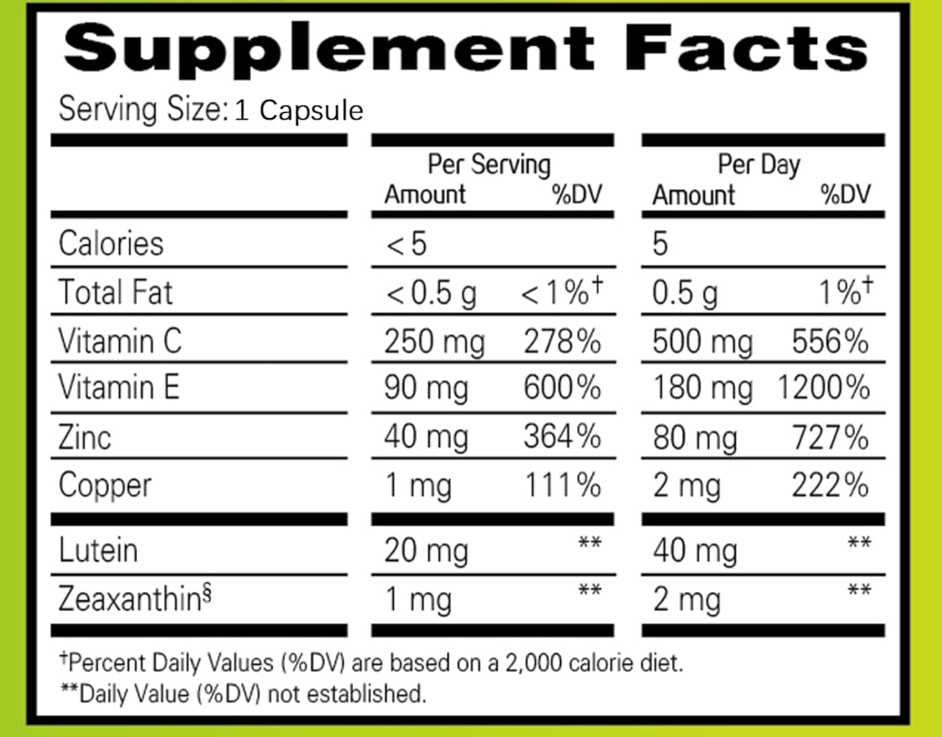 Lutein Eye Vitamins Supplement Facts Label