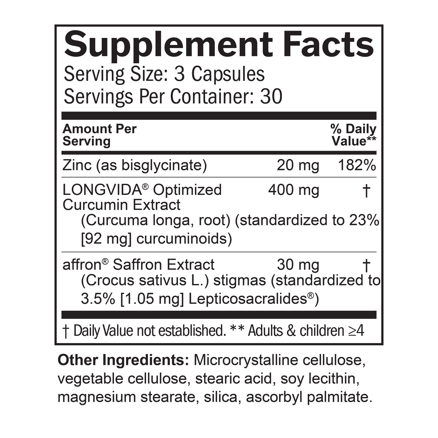 Mood & Memory Support Supplement bottle with saffron and turmeric Supplement Facts Label