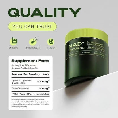 NAD+ Advanced 500mg Supplement with Resveratrol – 60 Capsules