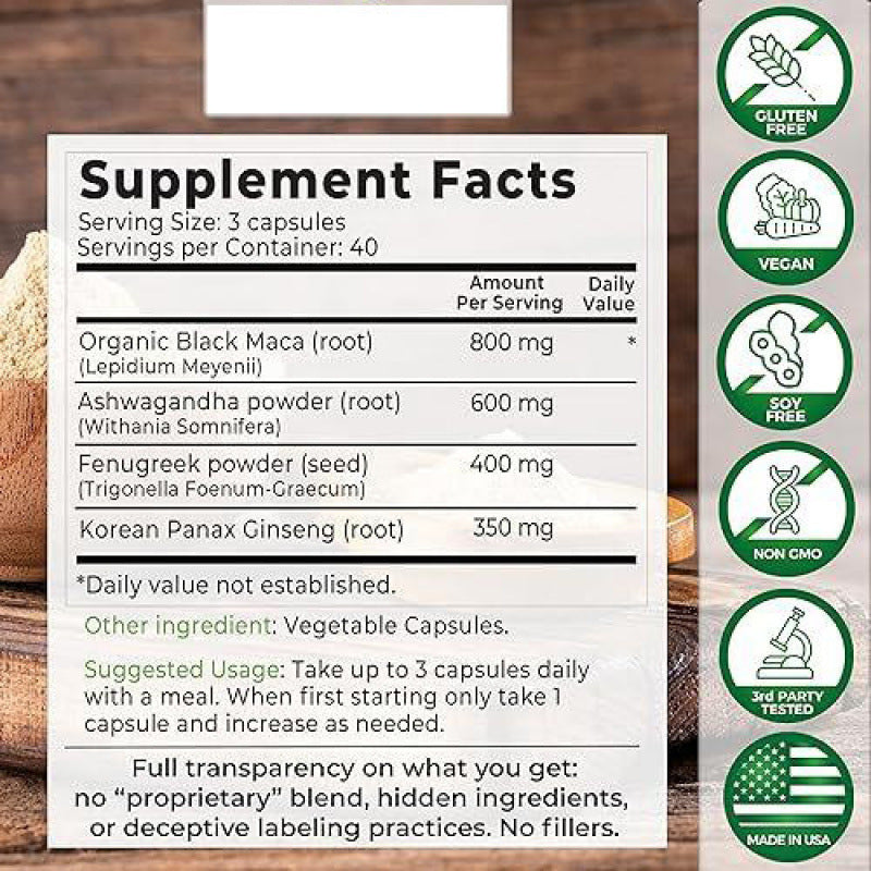 Supplement facts label of Black Maca Complex