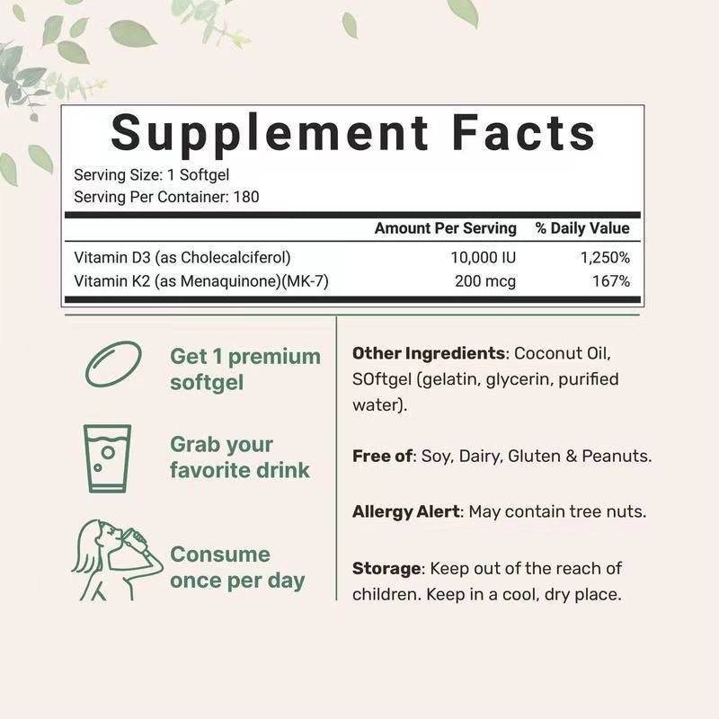 Vitamin D3 5000 IU and K2 MK-7 100 mcg supplement label