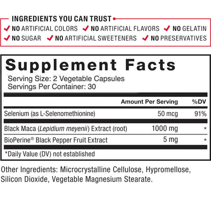 Black Maca Capsules Bottle Supplent Facts Label


