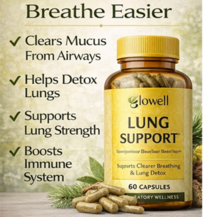 Bottle of Glowell Lung Support capsules with benefits listed on a natural background
