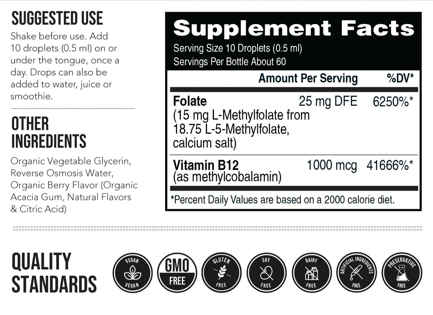 Vegan L-Methylfolate and Methyl B12 Supplement Facts Label