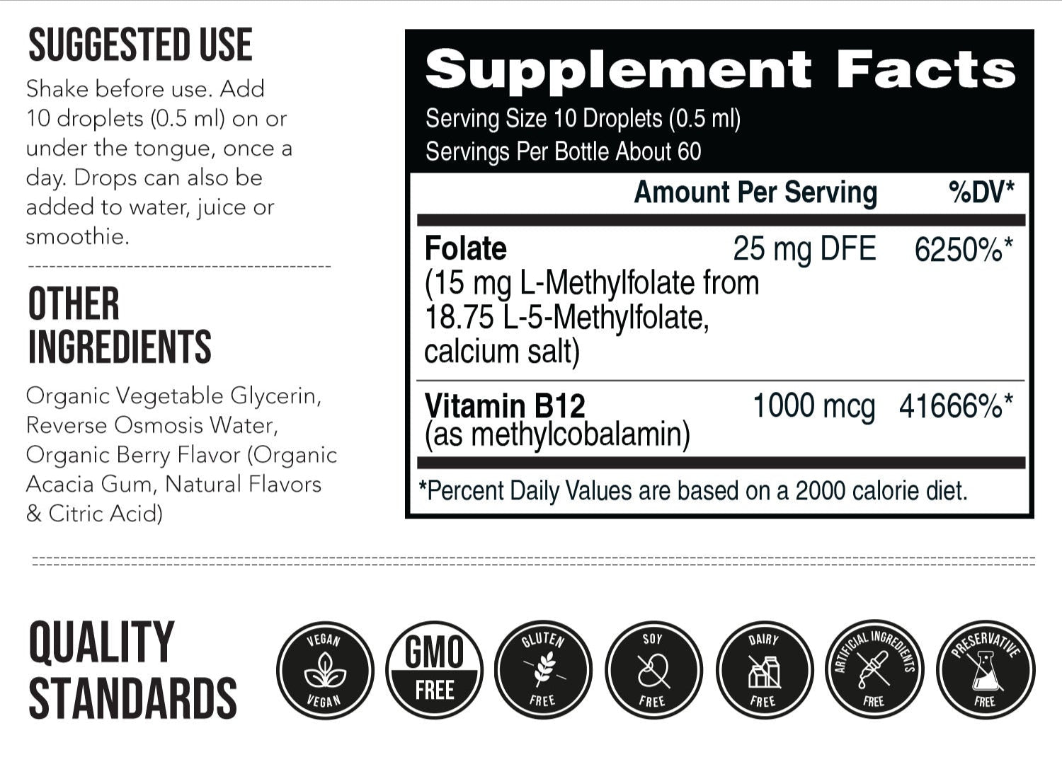 Vegan L-Methylfolate and Methyl B12 Supplement Facts Label