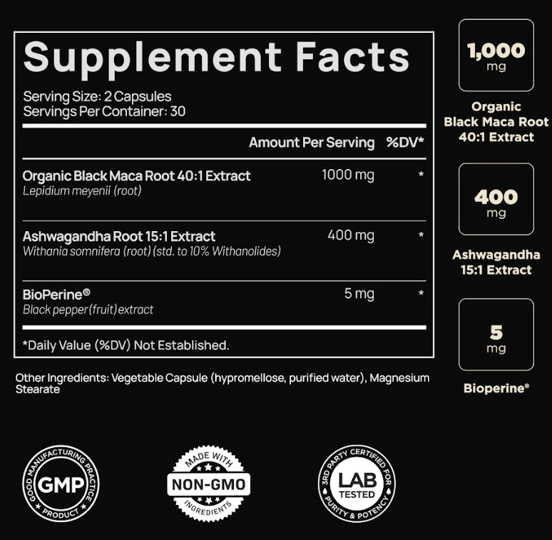Black Maca Root Powder Supplement Facts Label