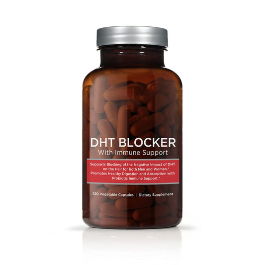 Bottle of DHT Blocker Supplement with Saw Palmetto and Green Tea