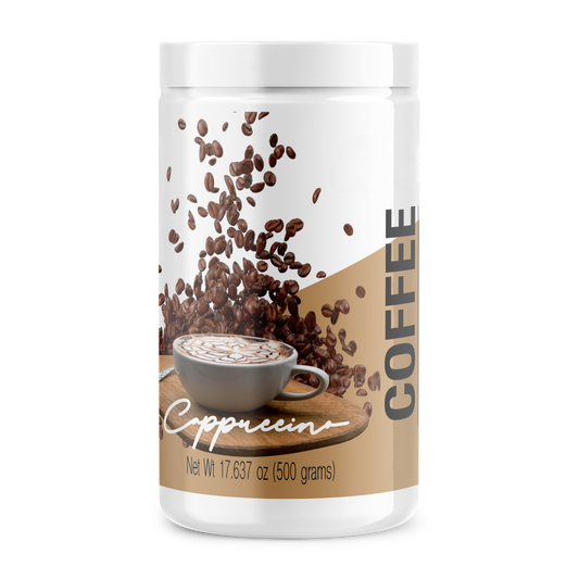 Cappuccino-flavored instant coffee blend in packaging