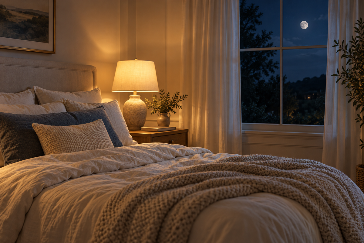Cozy bedroom with ivory bedding, warm bedside lighting, and a moonlit window