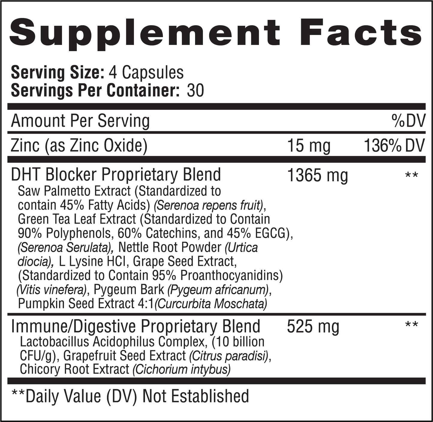 DHT Blocker Supplement with Saw Palmetto and Green Tea Supplement Facts Label