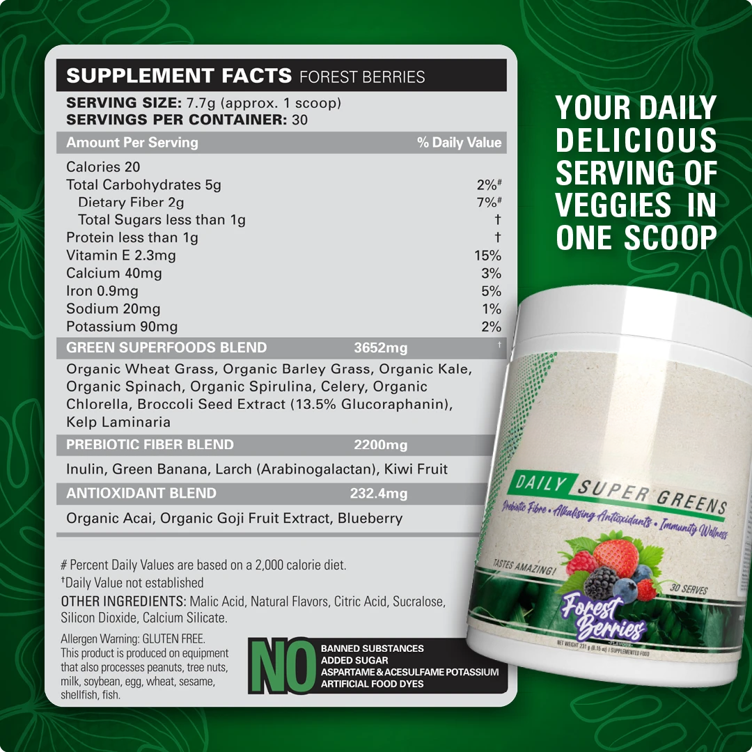 Daily greens powder Supplement facts Label