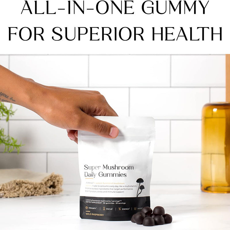 Non-GMO gluten-free mushroom gummies packaging