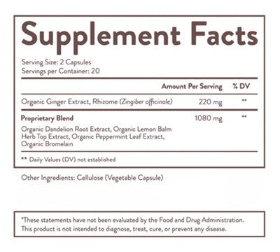 Digestive Relief Blend facts label with detailed ingredient list and serving size information.