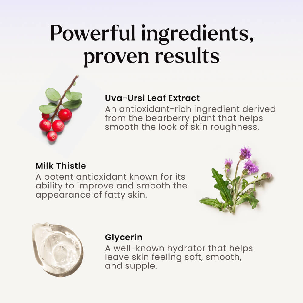 Get Dreamy Product ingredients with Uva-Ursi Leaf Extract, Milk Thistle, and Glycerin on a light purple background.