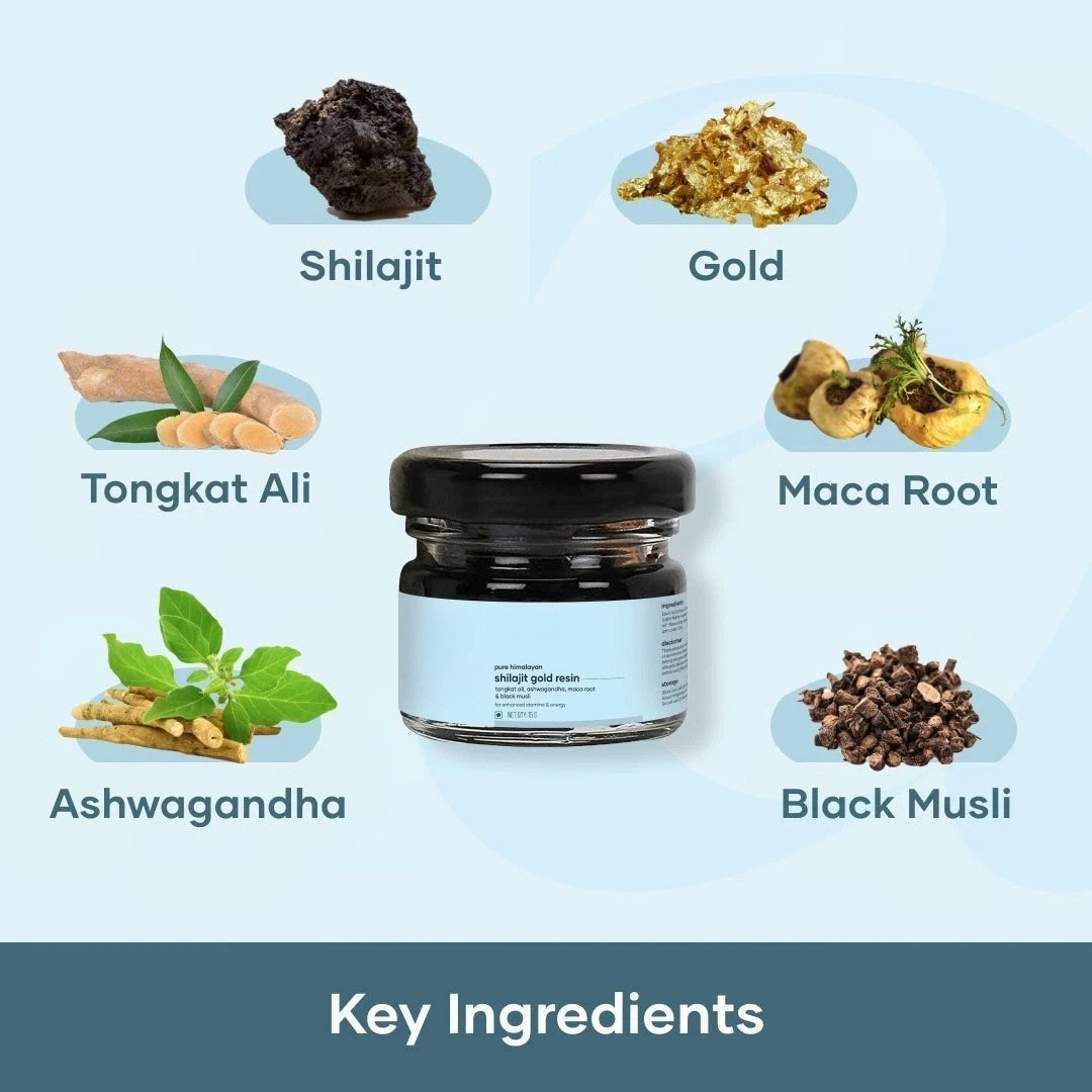 Himalayan Shilajit resin Herbal ingredients of blend displayed alongside jar
