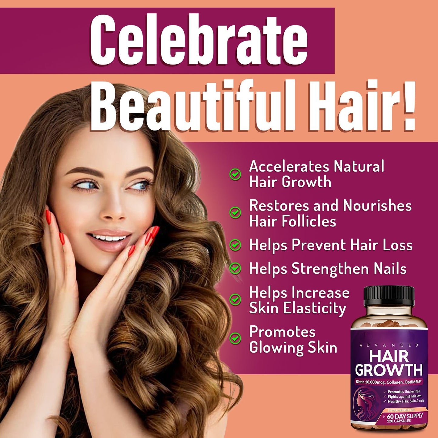 24-in-1 Advanced Hair Growth Vitamins – Biotin 10,000mcg, Collagen & Botanicals – 60 Capsules