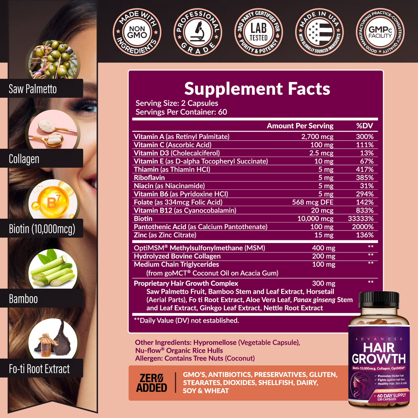 24-in-1 Advanced Hair Growth Vitamins – Biotin 10,000mcg, Collagen & Botanicals – 60 Capsules