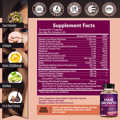 24-in-1 Advanced Hair Growth Vitamins – Biotin 10,000mcg, Collagen & Botanicals – 60 Capsules