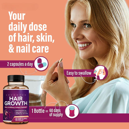 24-in-1 Advanced Hair Growth Vitamins – Biotin 10,000mcg, Collagen & Botanicals – 60 Capsules