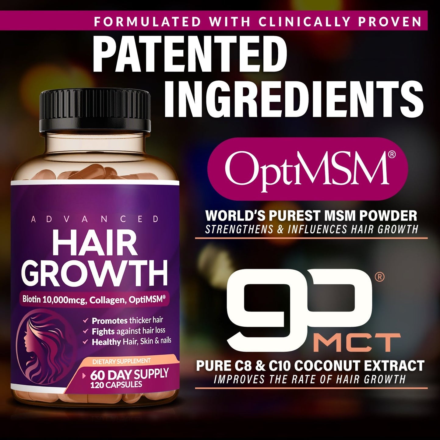 24-in-1 Advanced Hair Growth Vitamins – Biotin 10,000mcg, Collagen & Botanicals – 60 Capsules