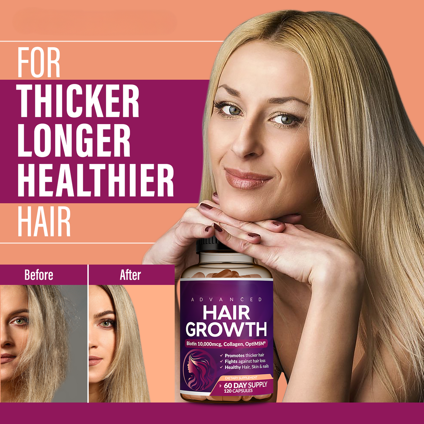 24-in-1 Advanced Hair Growth Vitamins – Biotin 10,000mcg, Collagen & Botanicals – 60 Capsules