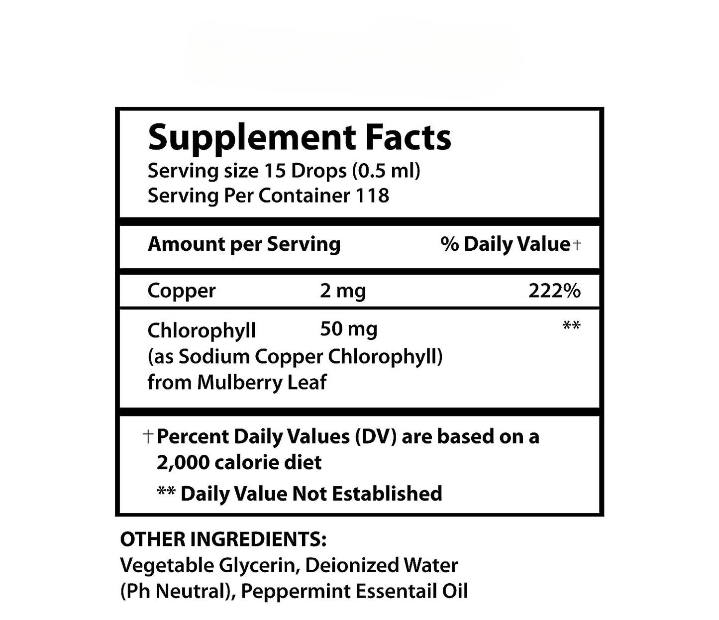 Liquid Chlorophyll Supplement Facts Label