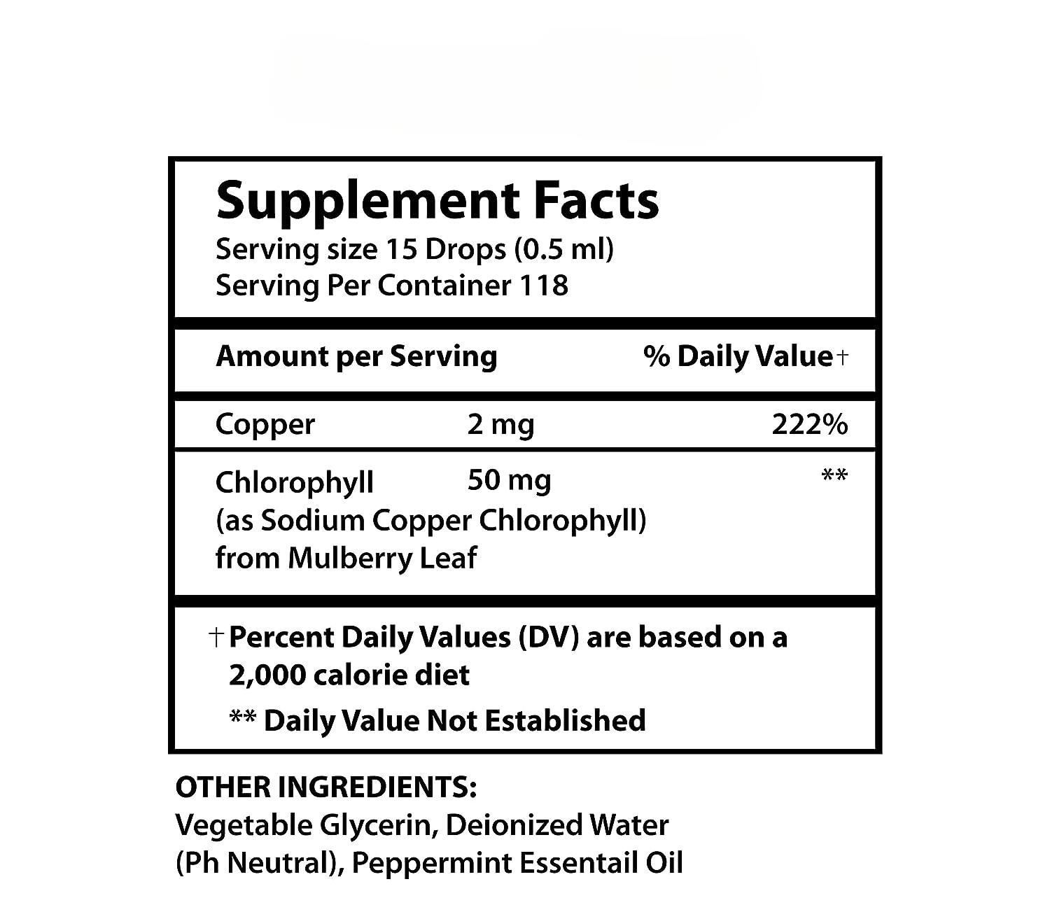 Liquid Chlorophyll Supplement Facts Label