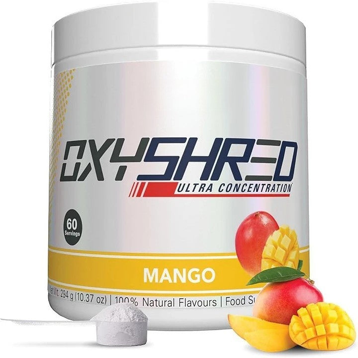 OxyShred mango pre-workout powder container front label