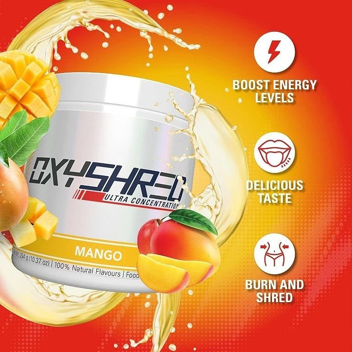 OxyShred thermogenic pre-workout supplement in mango flavor with Acetyl L-Carnitine and caffeine