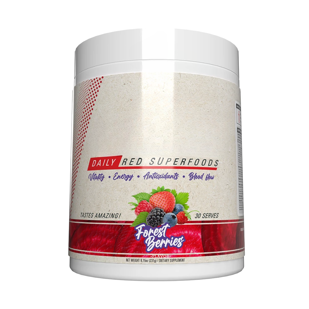 Red Superfood Powder packaging with clean label