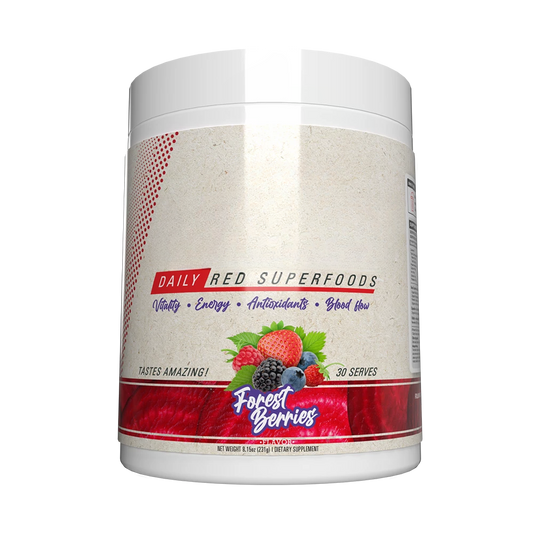 Red Superfood Powder packaging with clean label