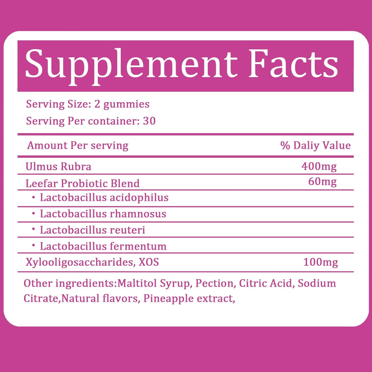 Women’s Probiotics Supplement Facts Label