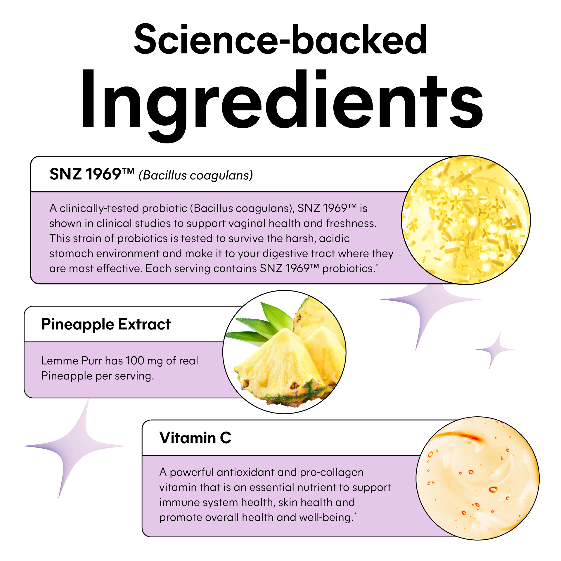 Product ingredients list with SNZ 1969, pineapple extract, and vitamin C on a white background.