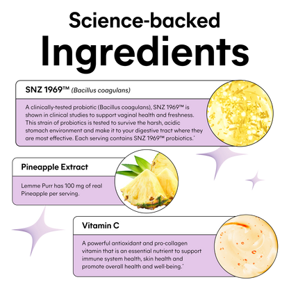 Product ingredients list with SNZ 1969, pineapple extract, and vitamin C on a white background.