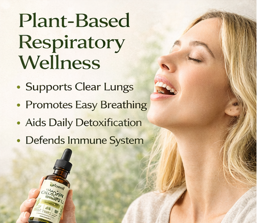 Woman with eyes closed holding a bottle of 2 oz natural tincture with mullein leaf extract respiratory wellness product 