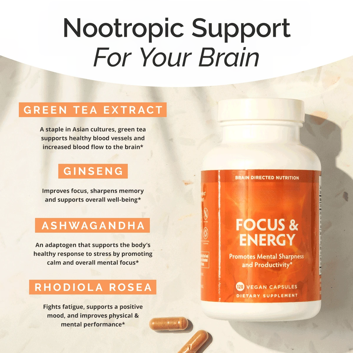 Caffeine-Free Focus & Energy Supplement – 120 Vegan Capsules