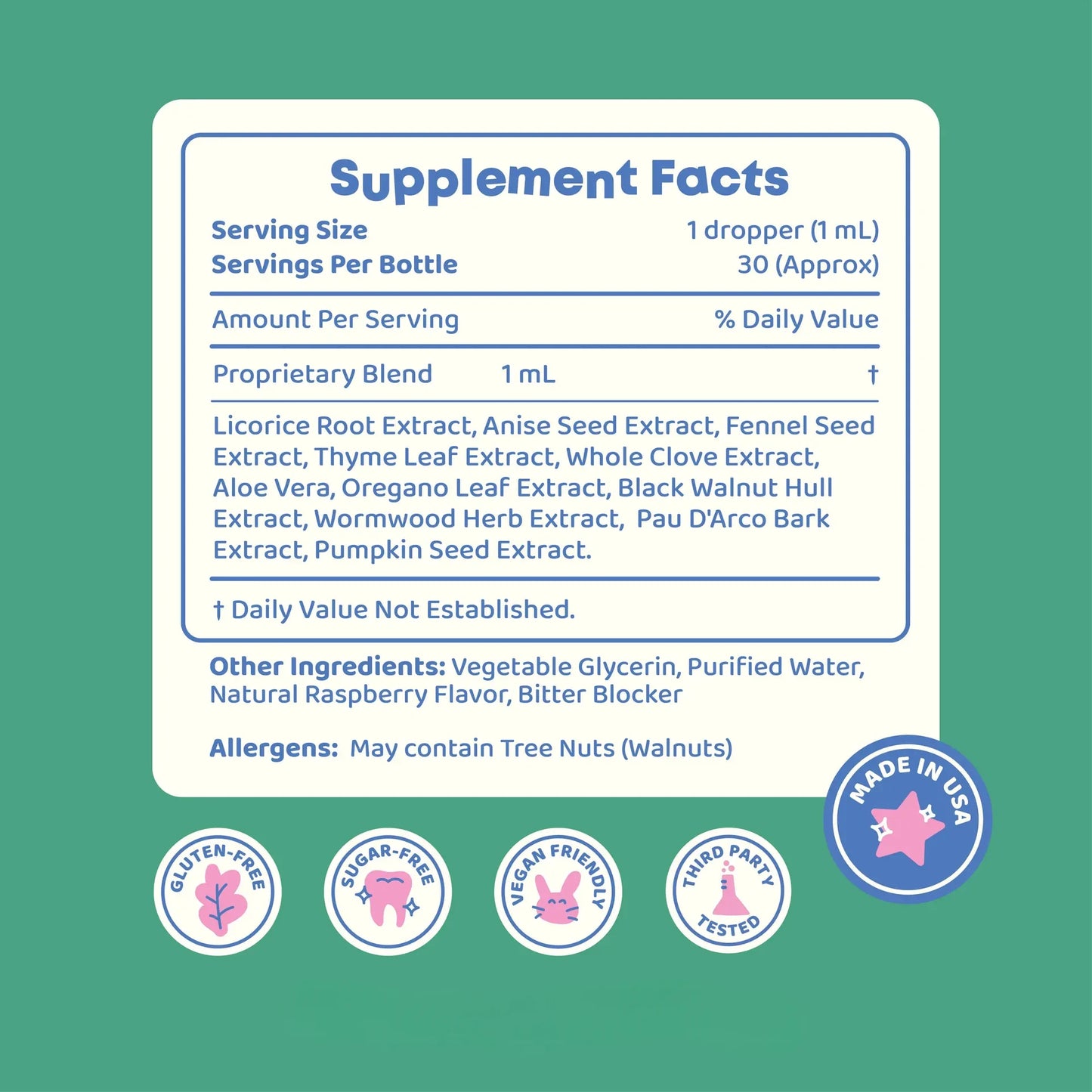 Herbal liquid supplement for children's digestive health Supplement Facts Label